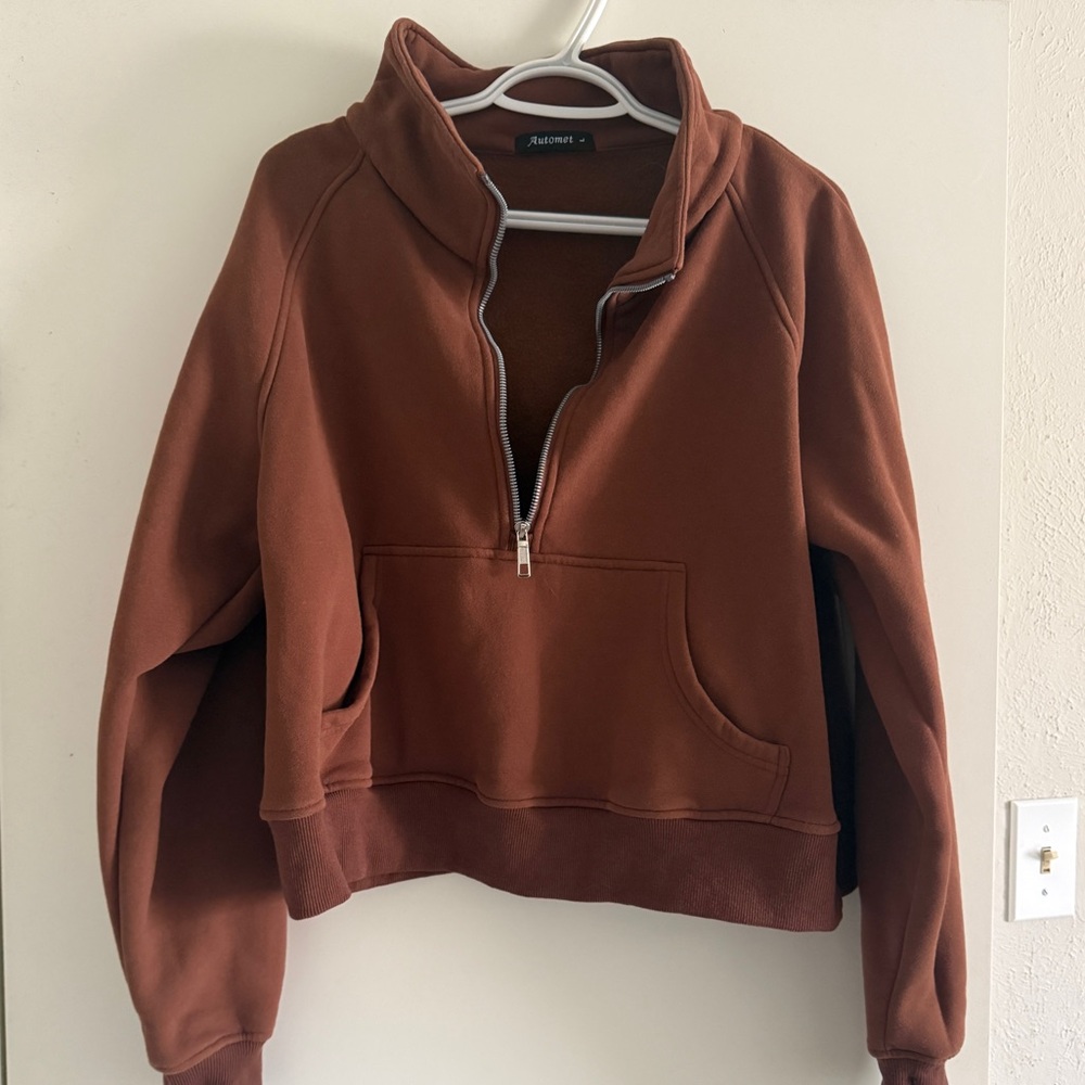 Cropped Oversized Half Zip Sweatshirt with Thumb hole